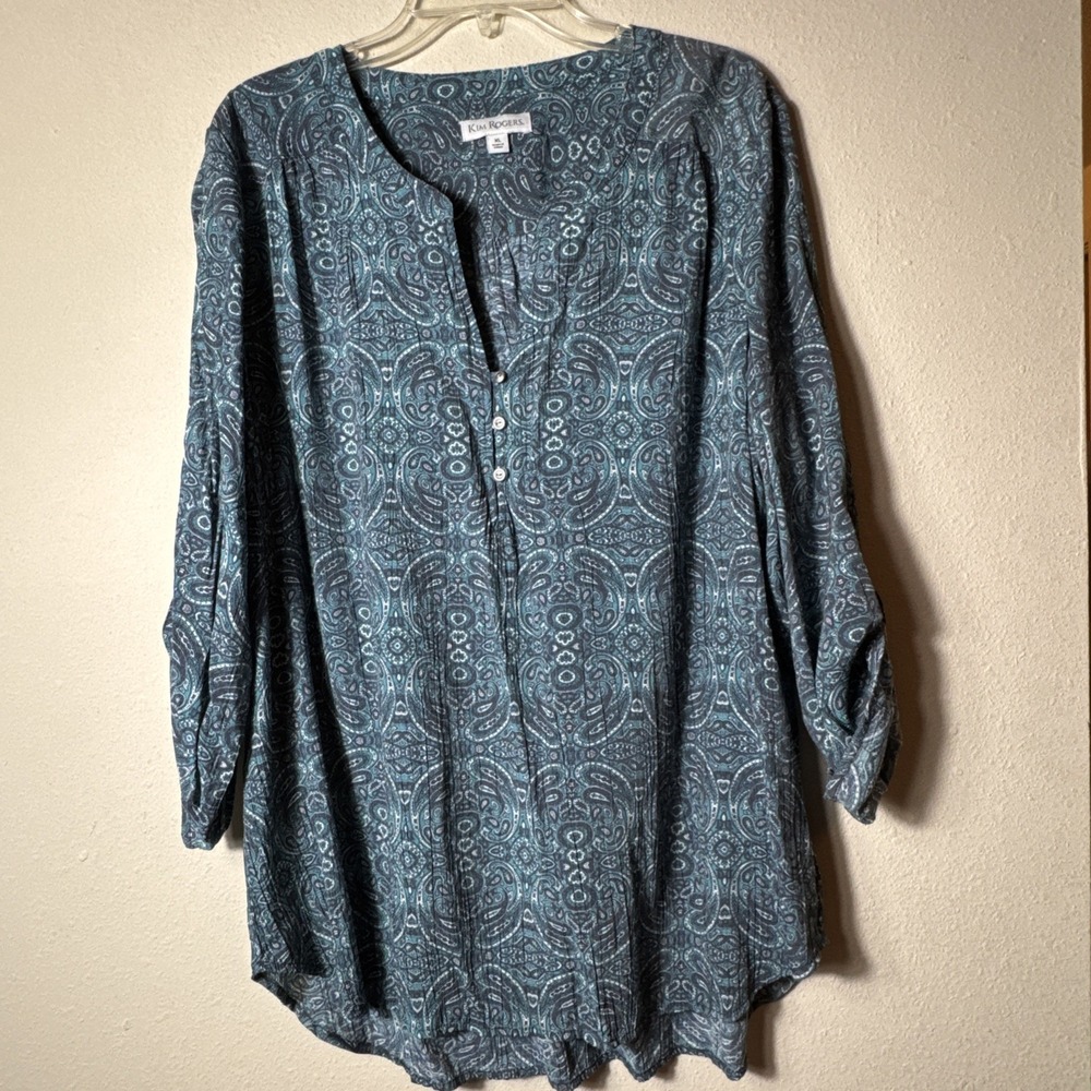 Kim Rogers XL Teal Gray Paisley Tunic Blouse Roll Tab Sleeve Rayon Blend